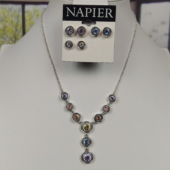 NEW NAPIER SILVER TONE MULTI-COLOR CRYSTAL Y DROP NECKLACE AND EARRING SET - Picture 2 of 9